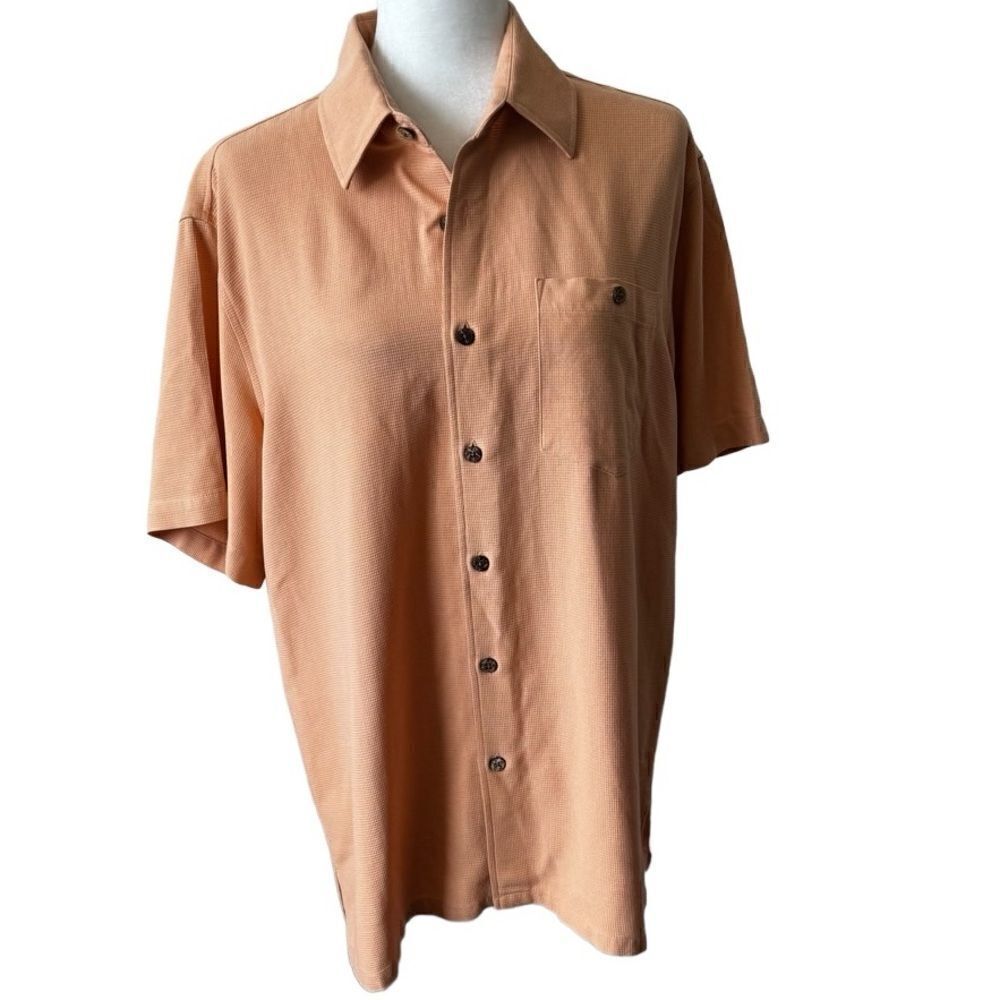 Silk Icon Peach Shirt Short Sleeve 100% Silk Pocket SZ L